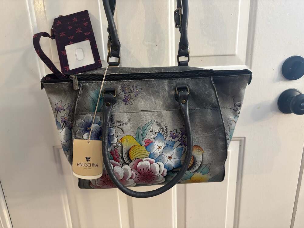 NEW Anuschka Hand-Painted Leather Large Tote Bag Vintage Grey Floral Birds